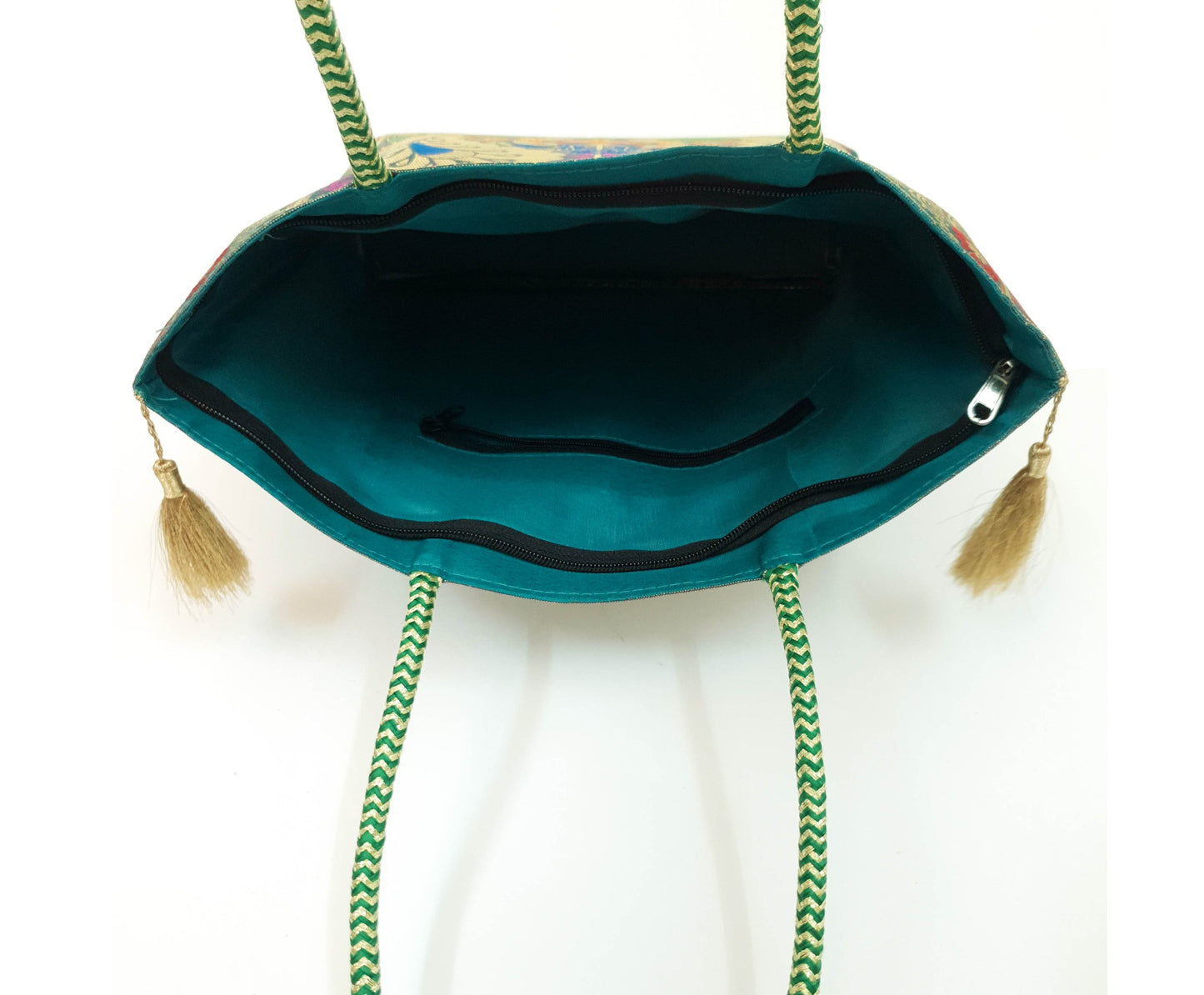 Teal Green Peacock Woven Handbag Indian Ethnic Zari Brocade Women Shoulder Bag