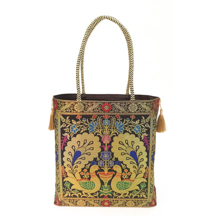 Peacock Woven Handbag Black Indian Ethnic Zari Brocade Women Shoulder Hand Bag