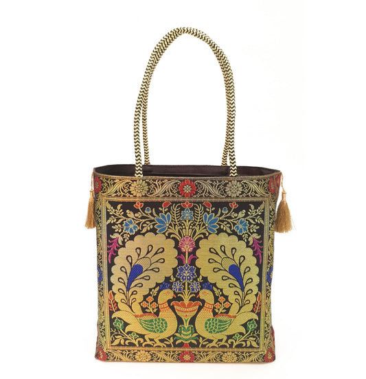 Peacock Woven Handbag Black Indian Ethnic Zari Brocade Women Shoulder Hand Bag
