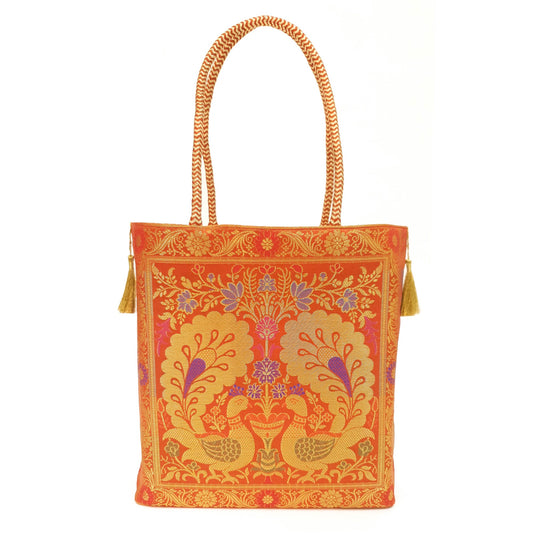 Peacock Woven Handbag Indian Orange Ethnic Zari Brocade Women Shoulder Hand Bag