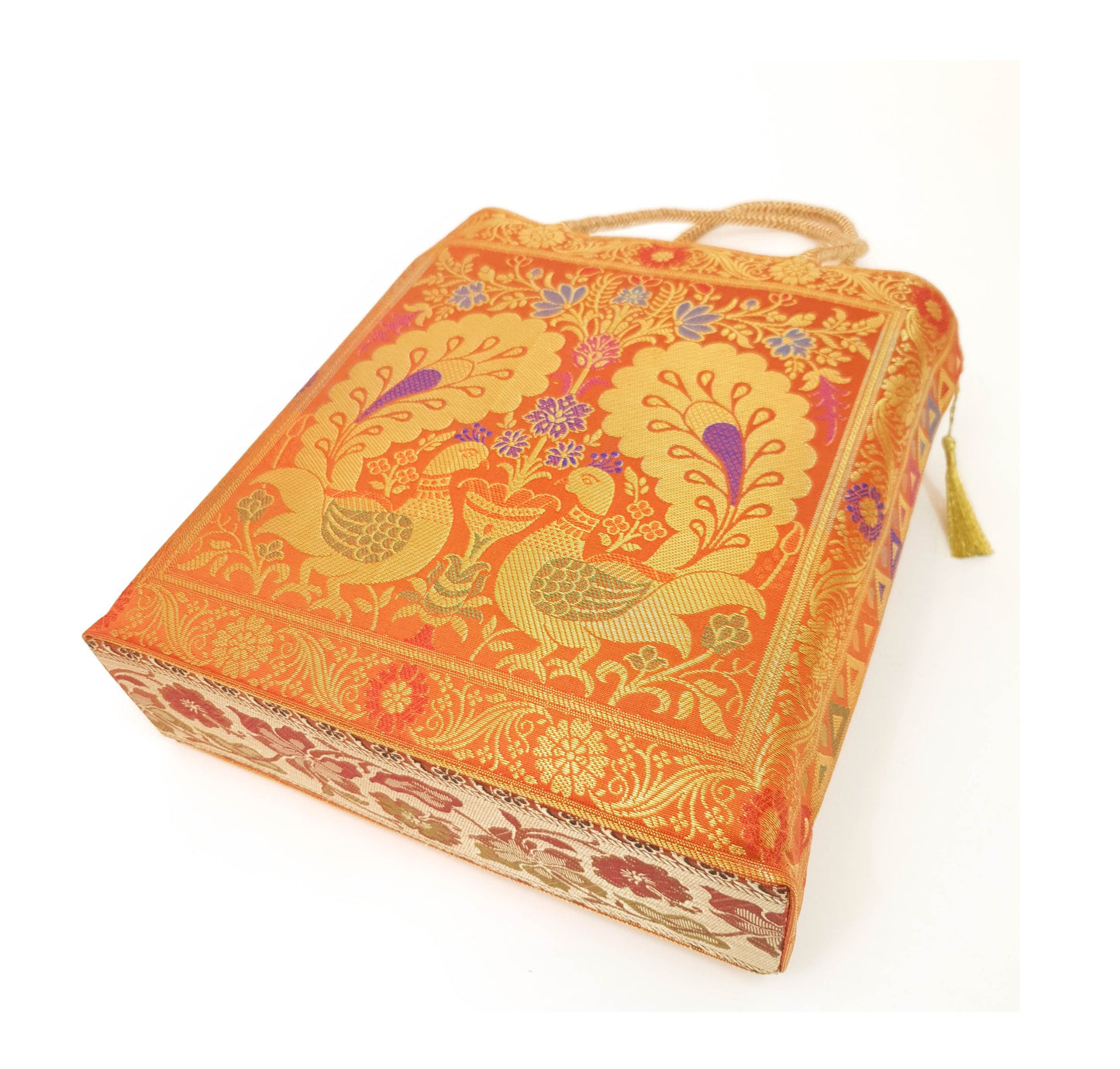 Peacock Woven Handbag Indian Orange Ethnic Zari Brocade Women Shoulder Hand Bag
