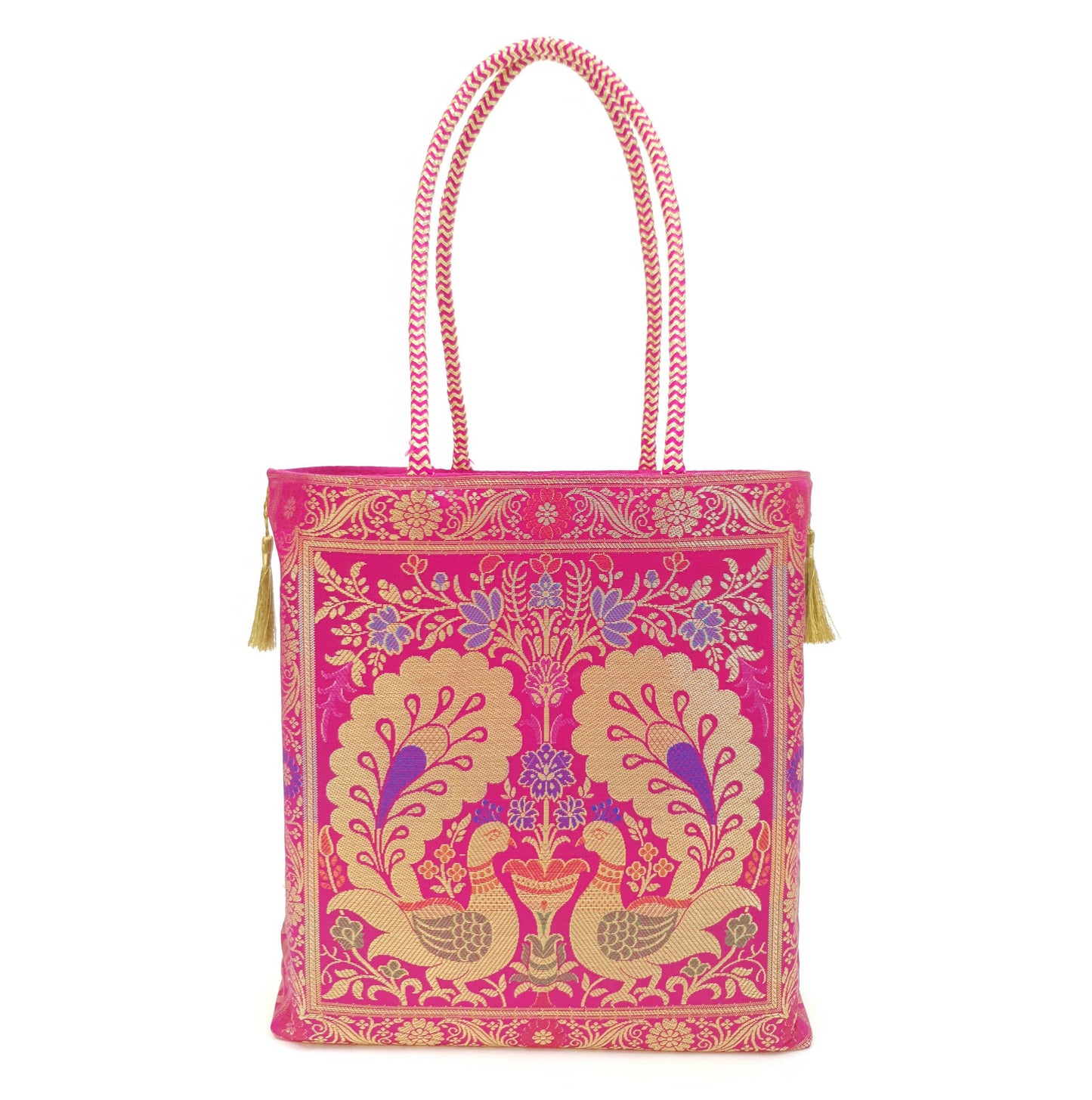 Hot Pink Peacock Woven Handbag Indian Ethnic Zari Brocade Women Shoulder Bag