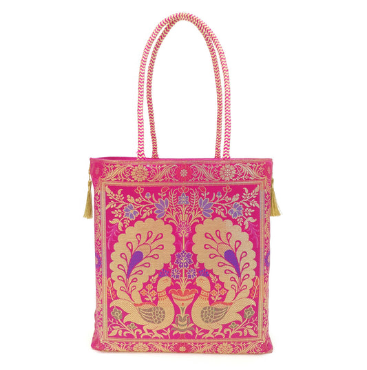 Hot Pink Peacock Woven Handbag Indian Ethnic Zari Brocade Women Shoulder Bag