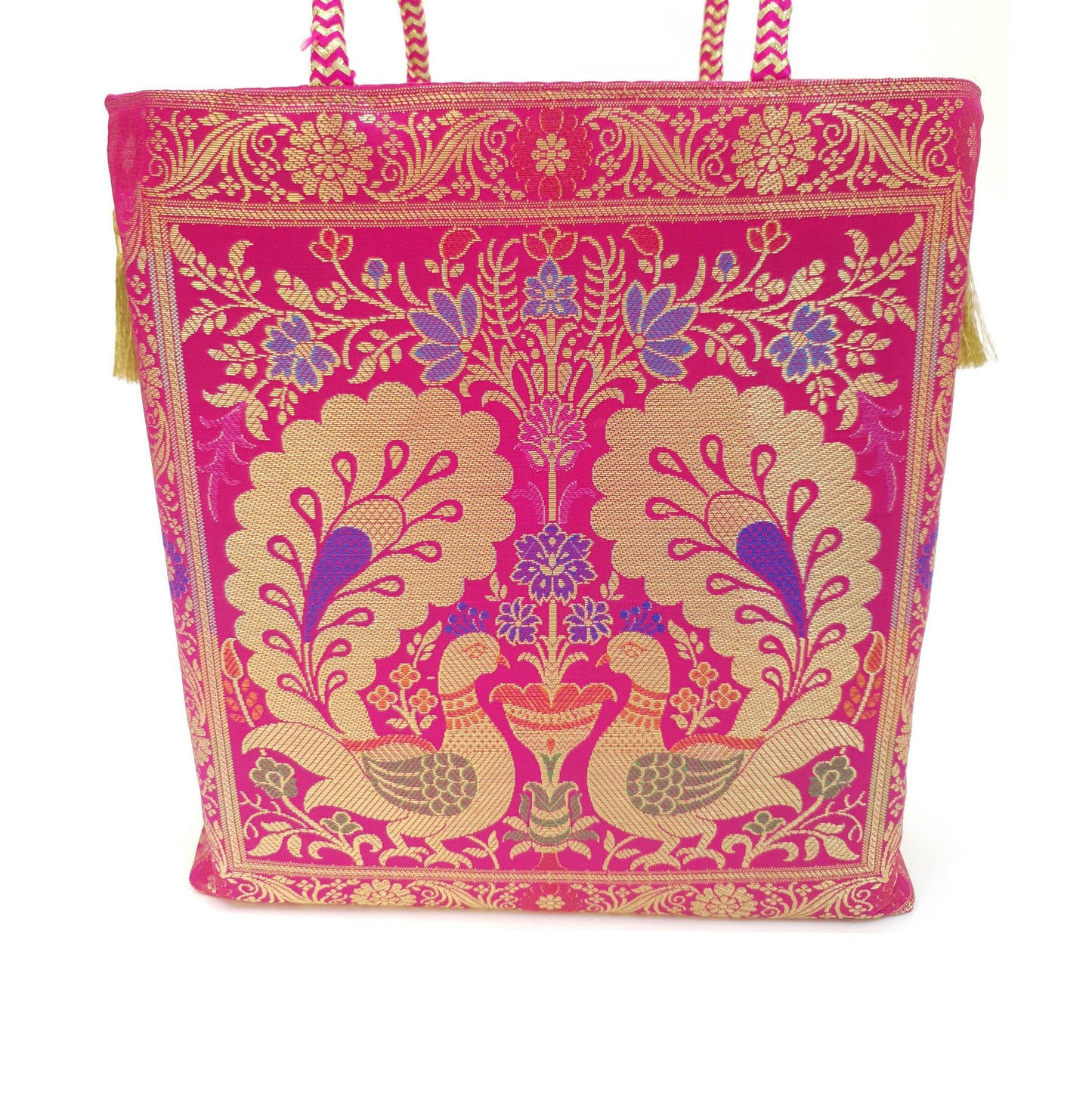 Hot Pink Peacock Woven Handbag Indian Ethnic Zari Brocade Women Shoulder Bag