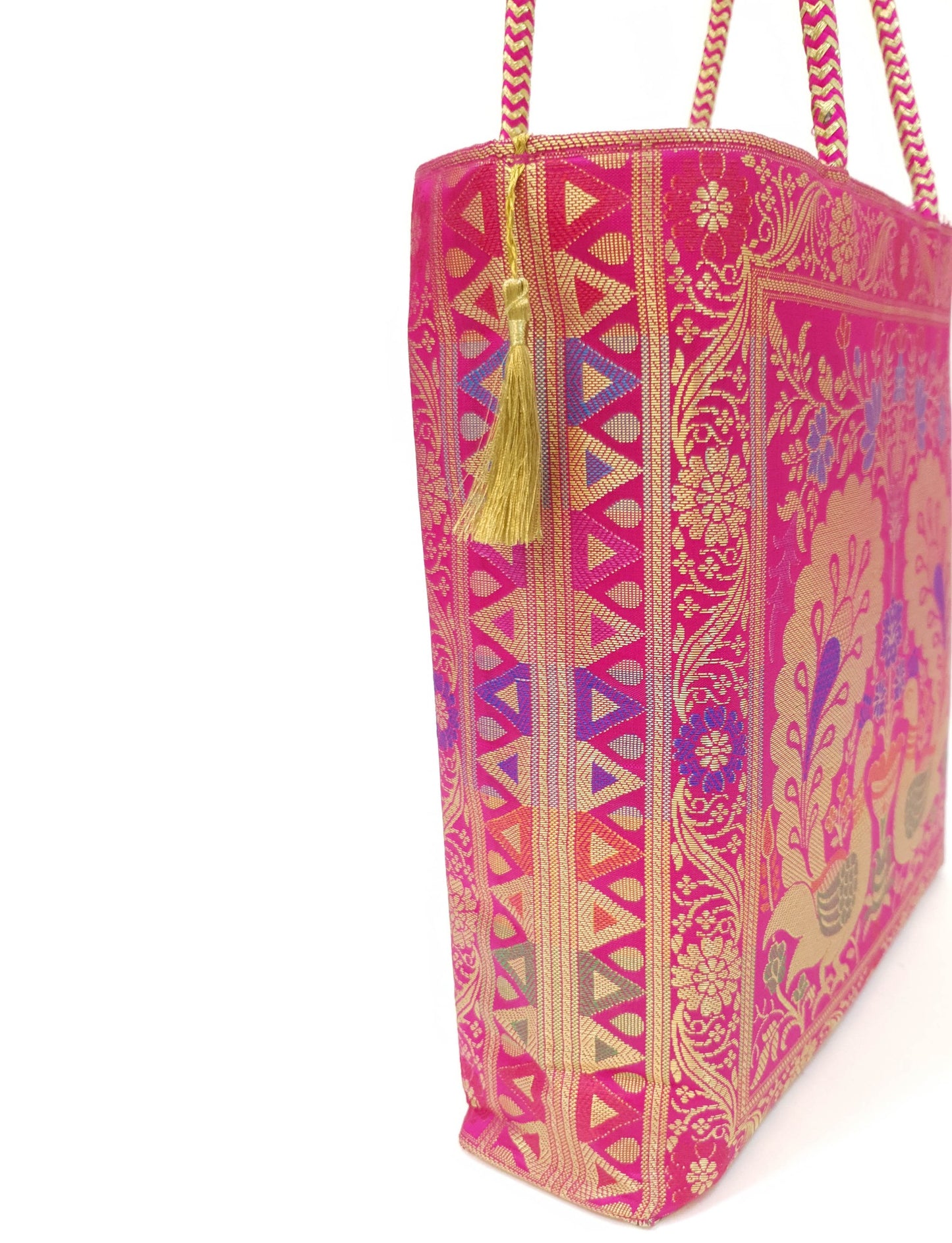Hot Pink Peacock Woven Handbag Indian Ethnic Zari Brocade Women Shoulder Bag