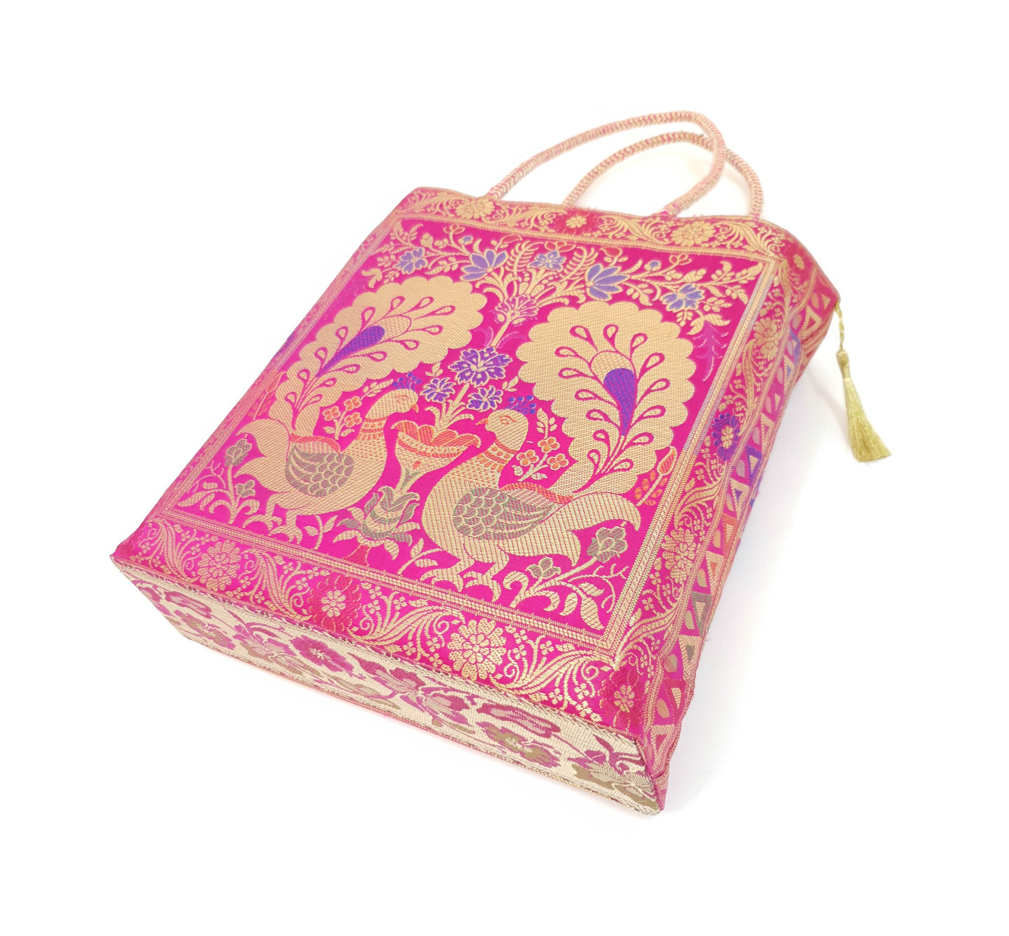 Hot Pink Peacock Woven Handbag Indian Ethnic Zari Brocade Women Shoulder Bag