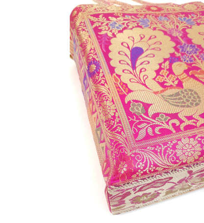 Hot Pink Peacock Woven Handbag Indian Ethnic Zari Brocade Women Shoulder Bag