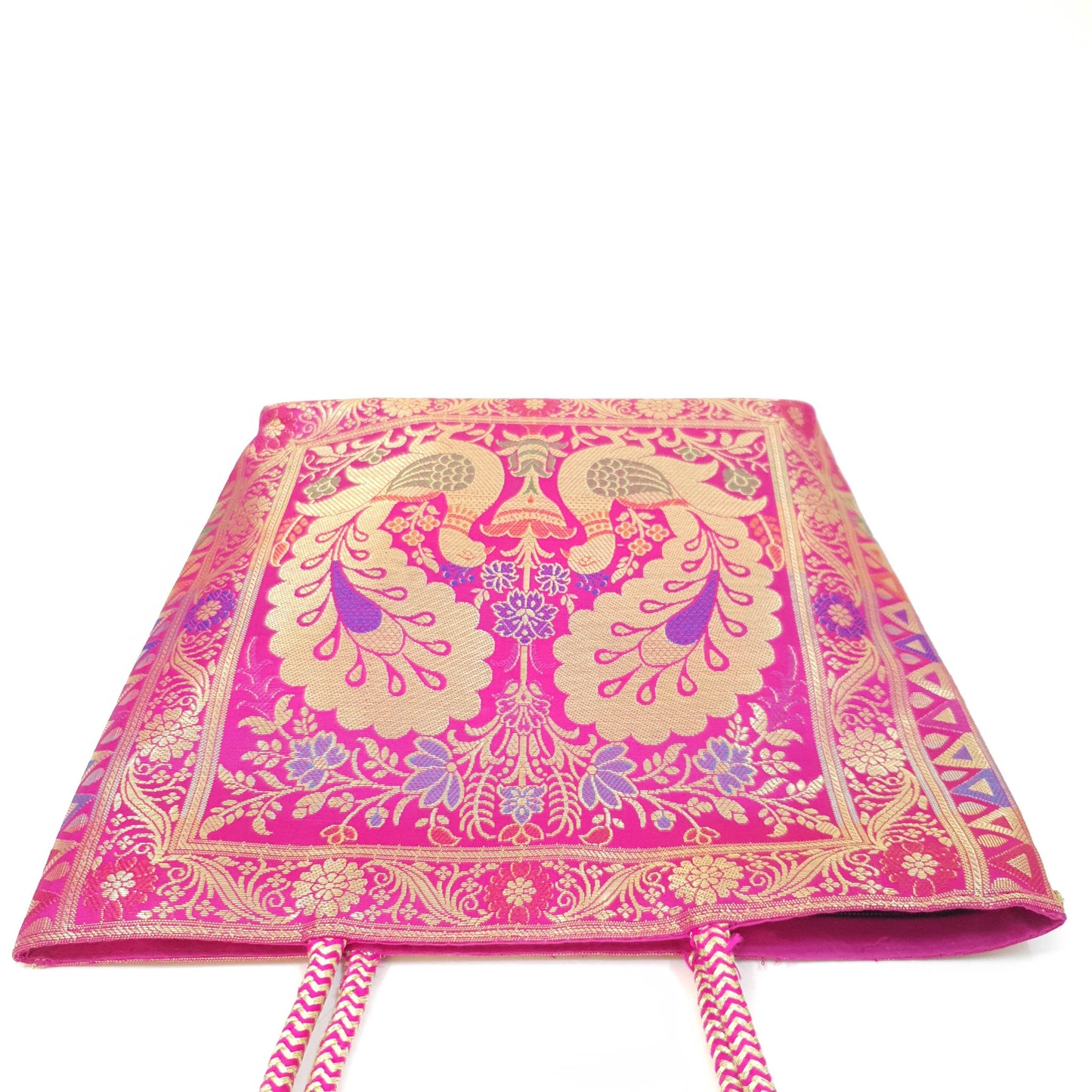 Hot Pink Peacock Woven Handbag Indian Ethnic Zari Brocade Women Shoulder Bag