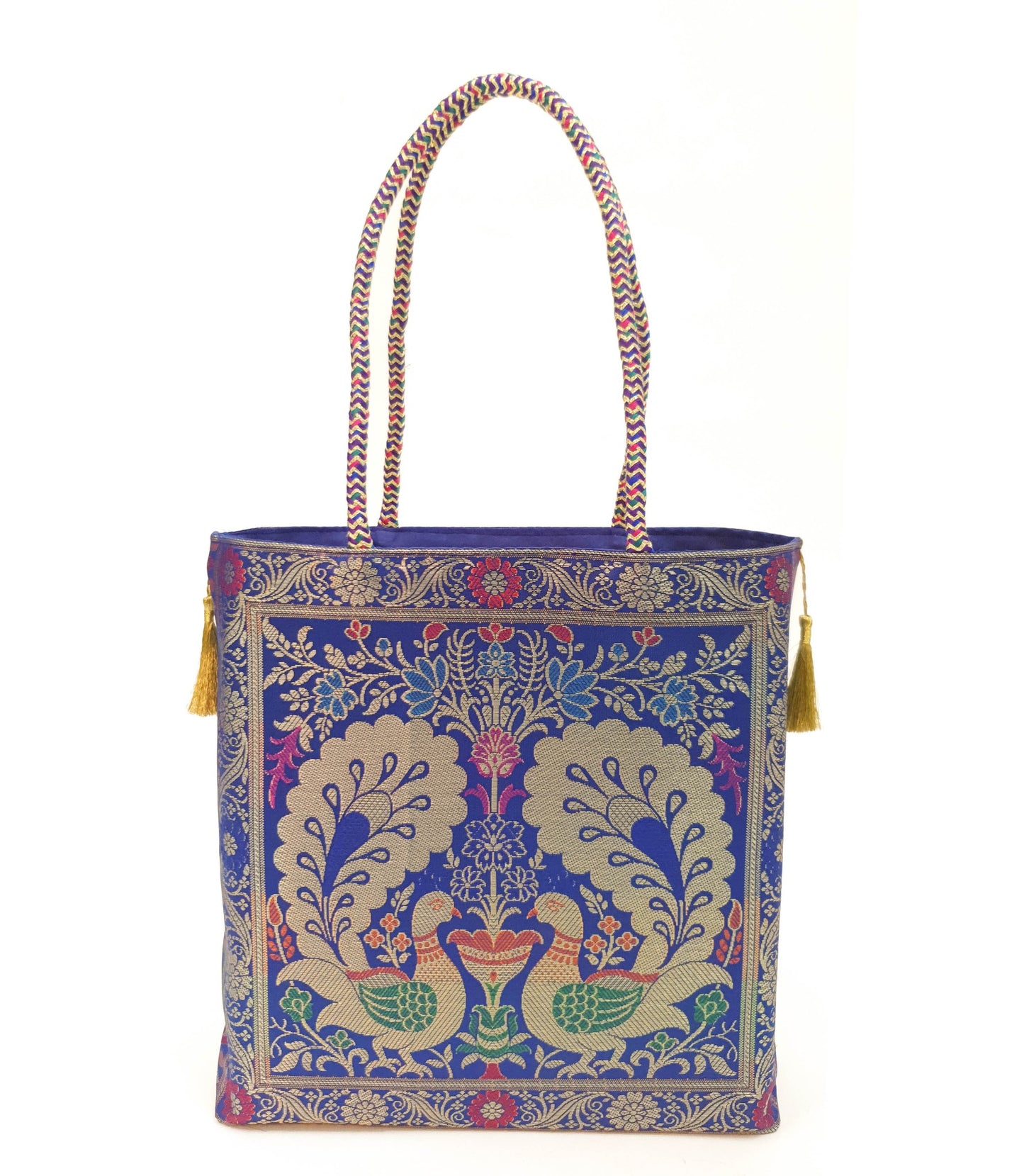Blue Peacock Woven Handbag Indian Traditional Zari Brocade Women Shoulder Bag