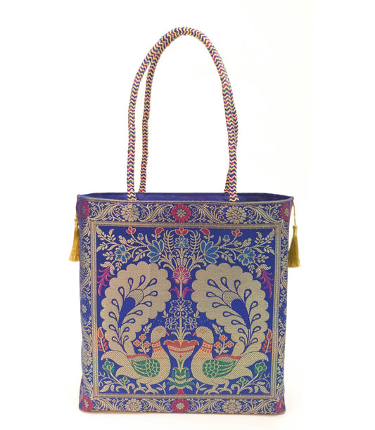 Blue Peacock Woven Handbag Indian Traditional Zari Brocade Women Shoulder Bag
