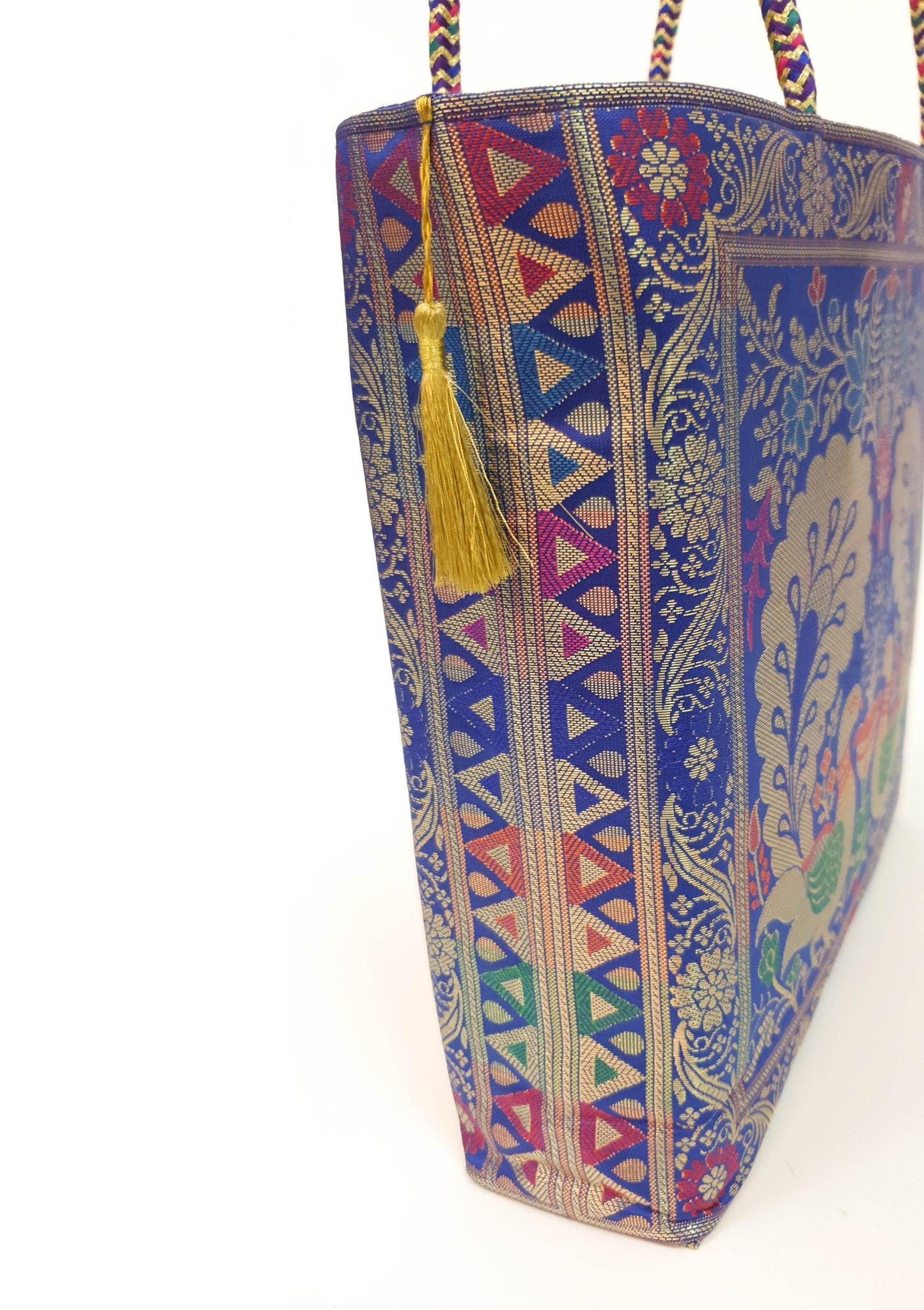 Blue Peacock Woven Handbag Indian Traditional Zari Brocade Women Shoulder Bag