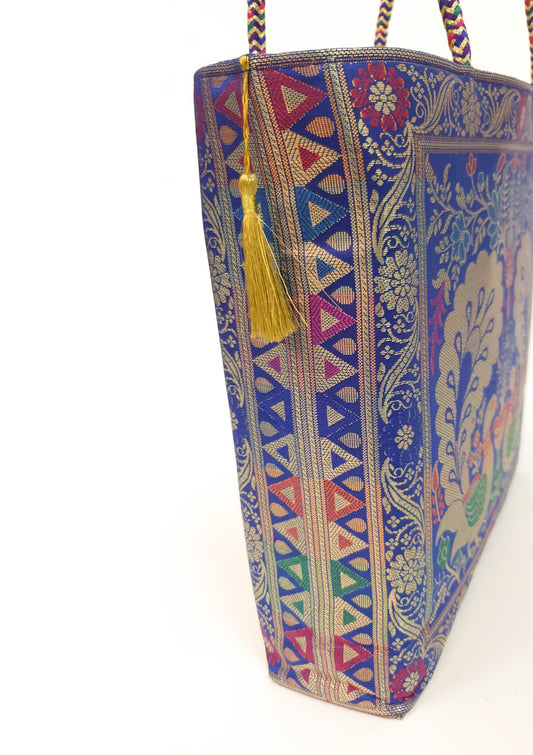 Blue Peacock Woven Handbag Indian Traditional Zari Brocade Women Shoulder Bag