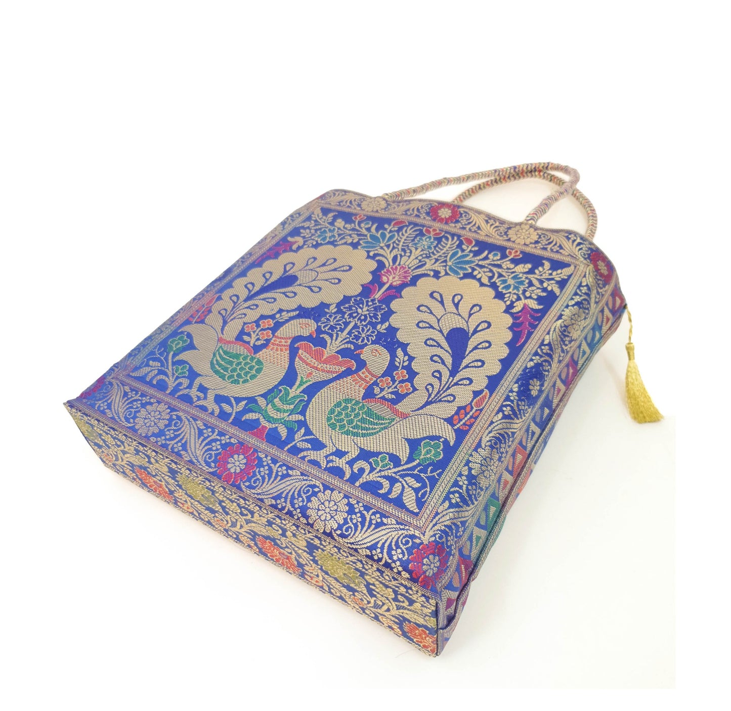 Blue Peacock Woven Handbag Indian Traditional Zari Brocade Women Shoulder Bag
