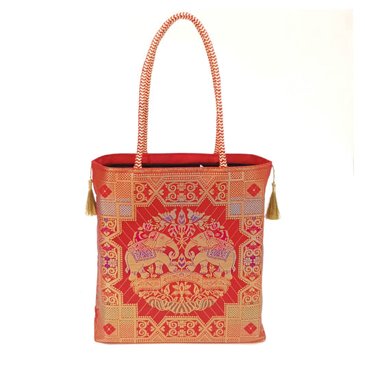 Wedding Red Hand Bag Banarasi Zari Brocade Golden Tassels in Elephant Motif