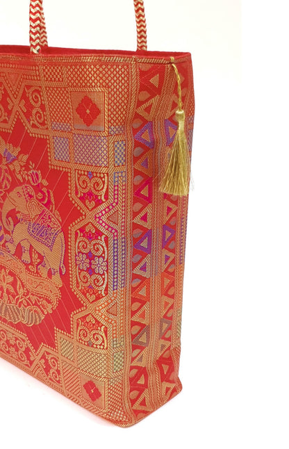 Wedding Red Hand Bag Banarasi Zari Brocade Golden Tassels in Elephant Motif