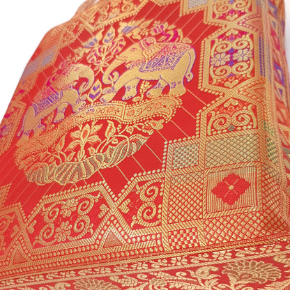 Wedding Red Hand Bag Banarasi Zari Brocade Golden Tassels in Elephant Motif