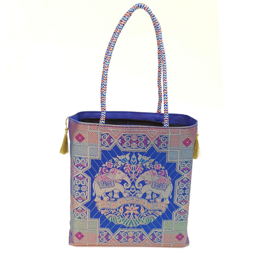 Blue Hand Bag Traditional Banarasi Zari Brocade Golden Tassels Elephant Motif