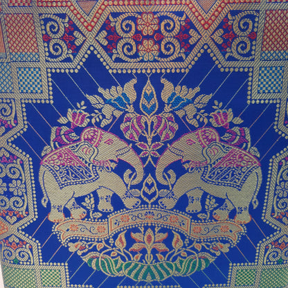 Blue Hand Bag Traditional Banarasi Zari Brocade Golden Tassels Elephant Motif