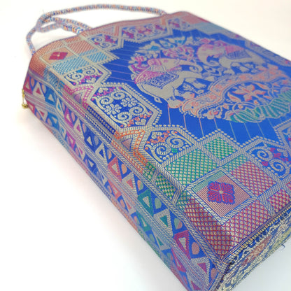 Blue Hand Bag Traditional Banarasi Zari Brocade Golden Tassels Elephant Motif