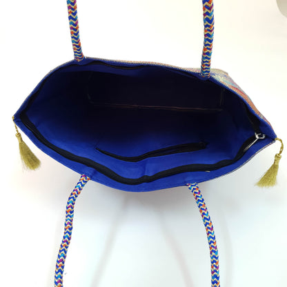 Blue Hand Bag Traditional Banarasi Zari Brocade Golden Tassels Elephant Motif