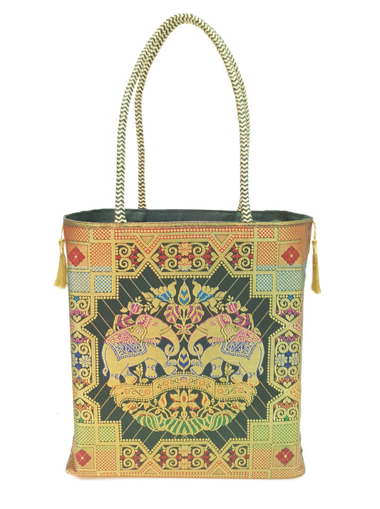 Green Ethnic Hand Bag Banarasi Zari Brocade Golden Tassels in Elephant Motif
