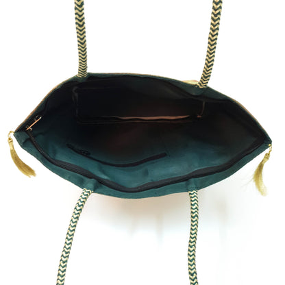 Green Ethnic Hand Bag Banarasi Zari Brocade Golden Tassels in Elephant Motif