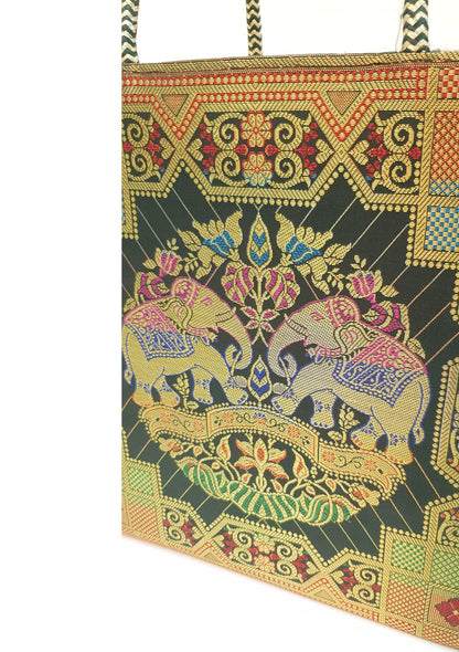 Green Ethnic Hand Bag Banarasi Zari Brocade Golden Tassels in Elephant Motif