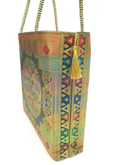 Green Ethnic Hand Bag Banarasi Zari Brocade Golden Tassels in Elephant Motif