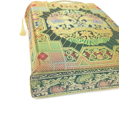 Green Ethnic Hand Bag Banarasi Zari Brocade Golden Tassels in Elephant Motif