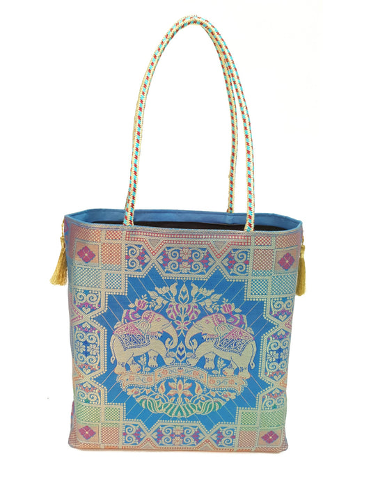 Turquoise Blue Hand Bag Banarasi Zari Brocade Golden Tassels Elephant Motif