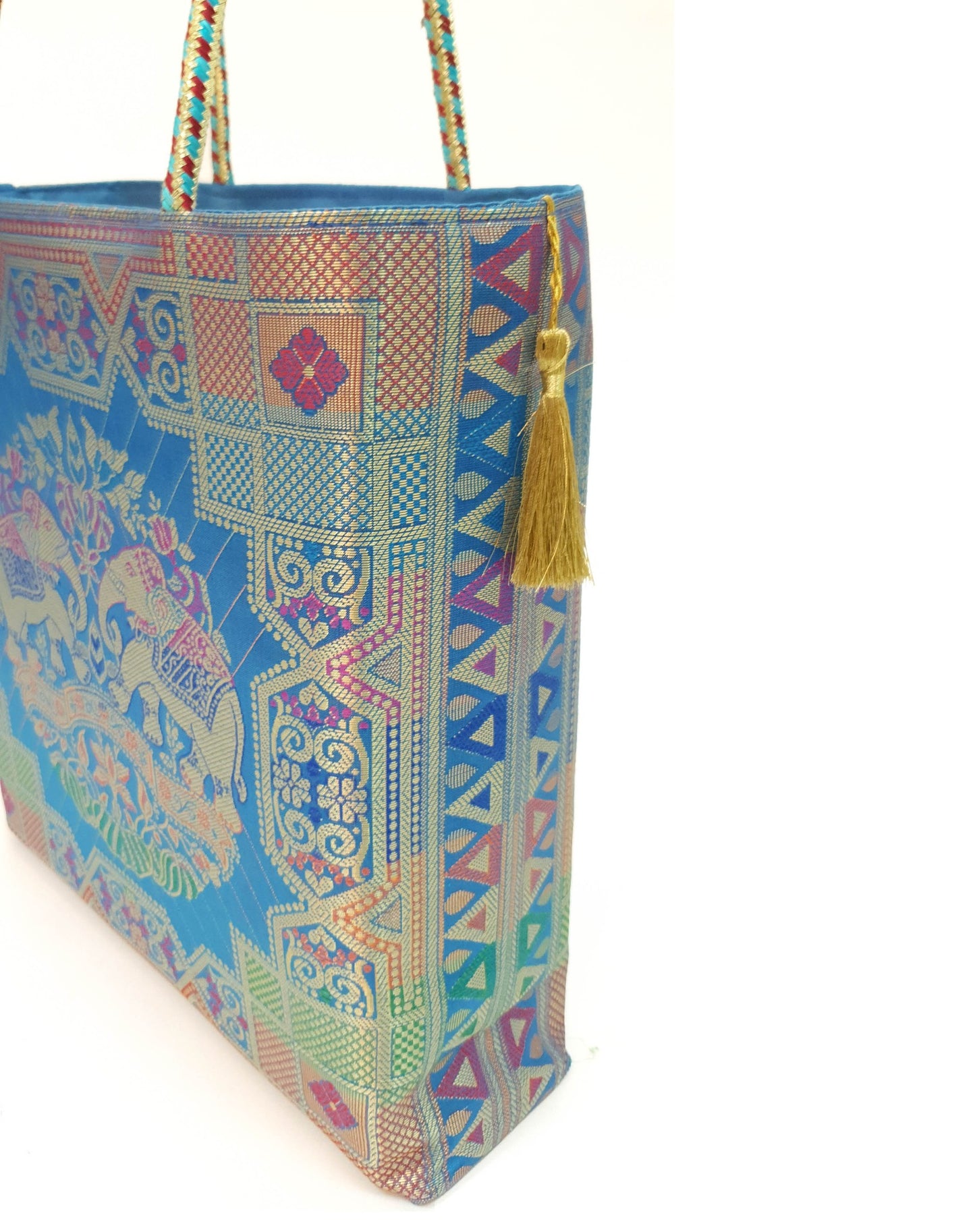Turquoise Blue Hand Bag Banarasi Zari Brocade Golden Tassels Elephant Motif
