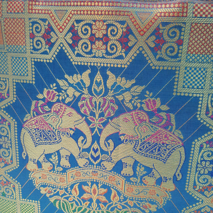 Turquoise Blue Hand Bag Banarasi Zari Brocade Golden Tassels Elephant Motif