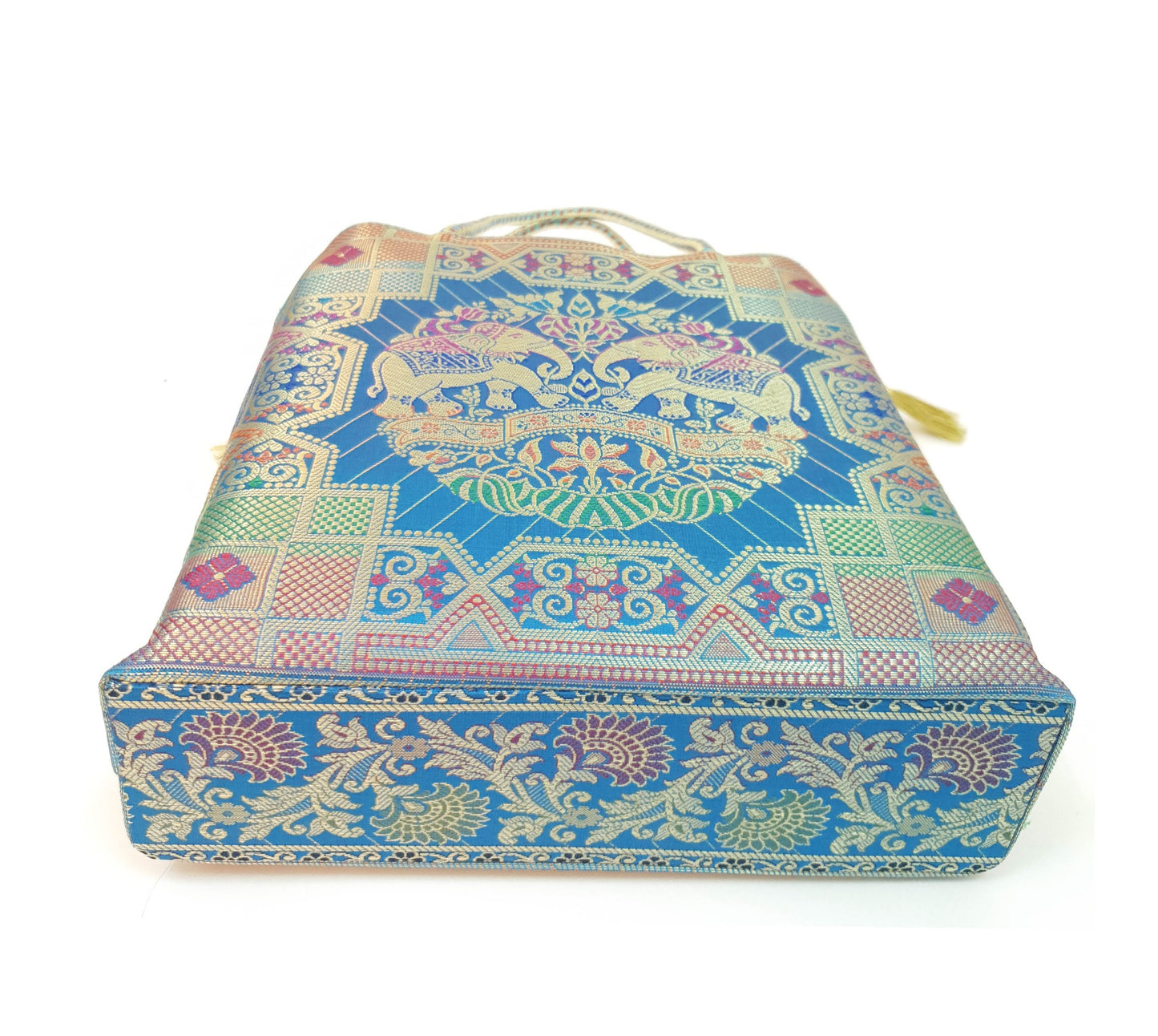 Turquoise Blue Hand Bag Banarasi Zari Brocade Golden Tassels Elephant Motif