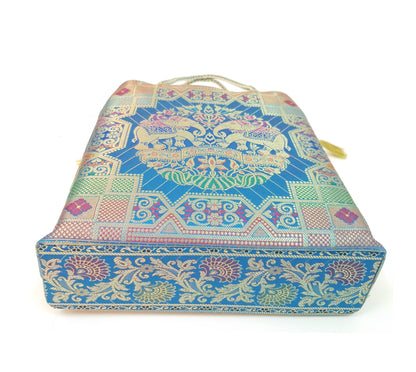 Turquoise Blue Hand Bag Banarasi Zari Brocade Golden Tassels Elephant Motif