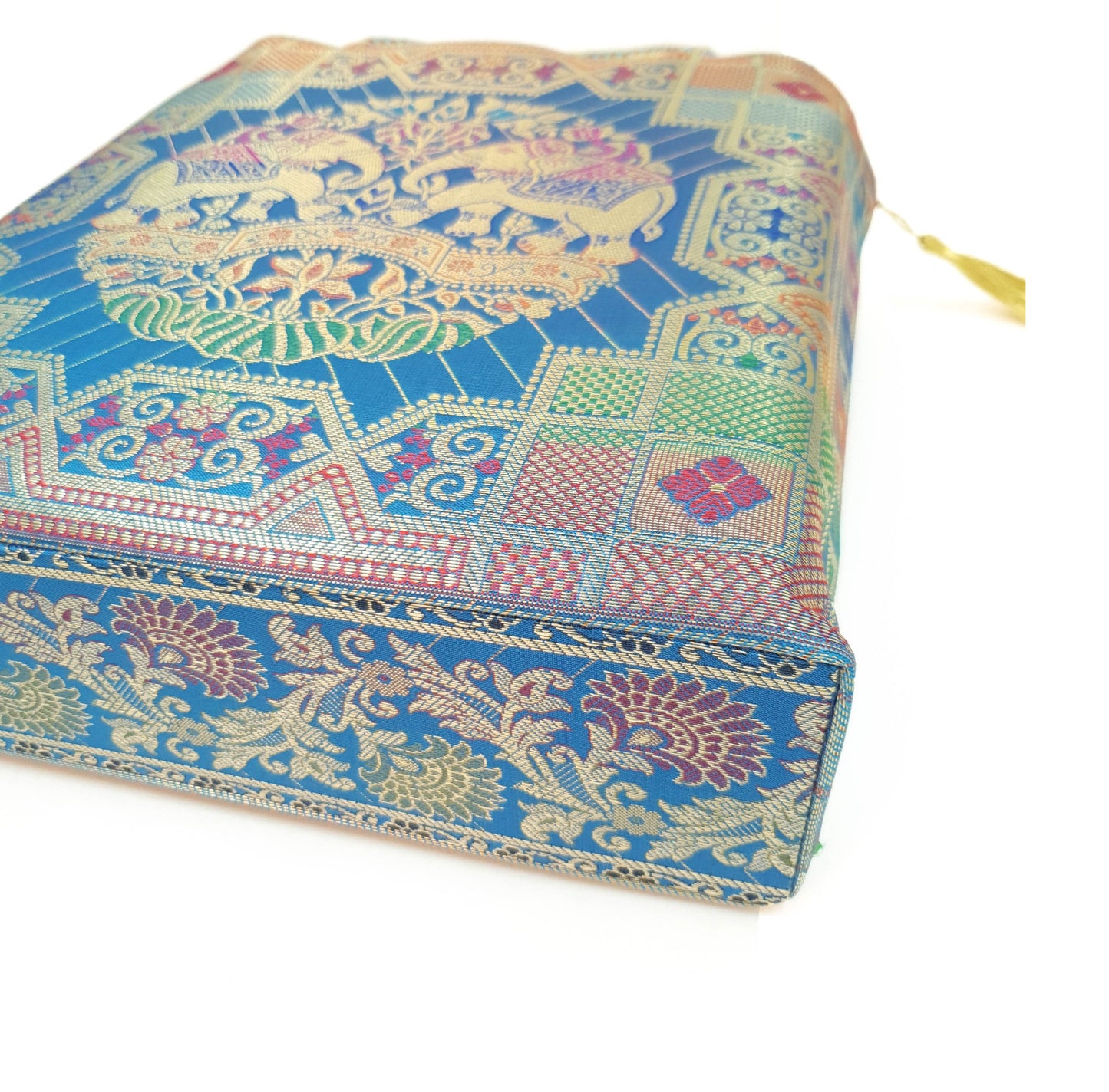 Turquoise Blue Hand Bag Banarasi Zari Brocade Golden Tassels Elephant Motif