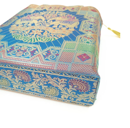 Turquoise Blue Hand Bag Banarasi Zari Brocade Golden Tassels Elephant Motif