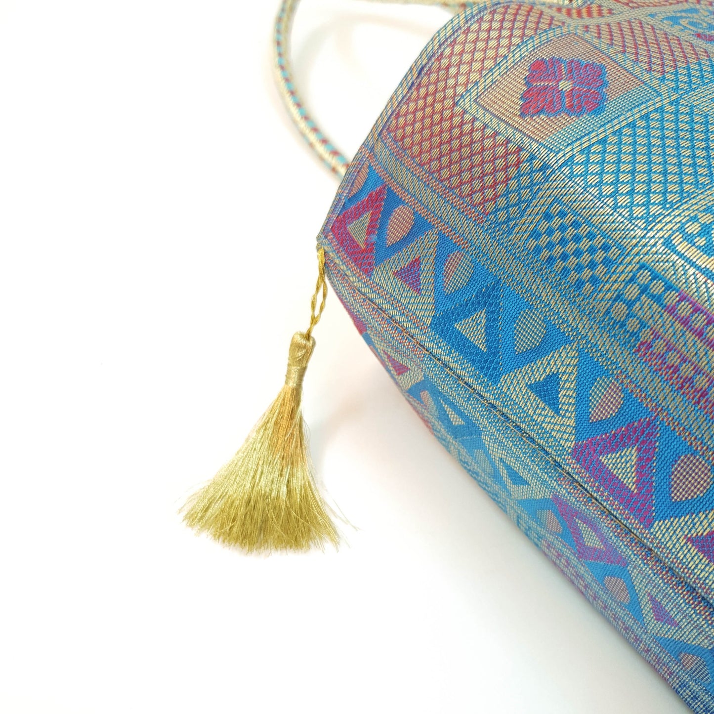 Turquoise Blue Hand Bag Banarasi Zari Brocade Golden Tassels Elephant Motif