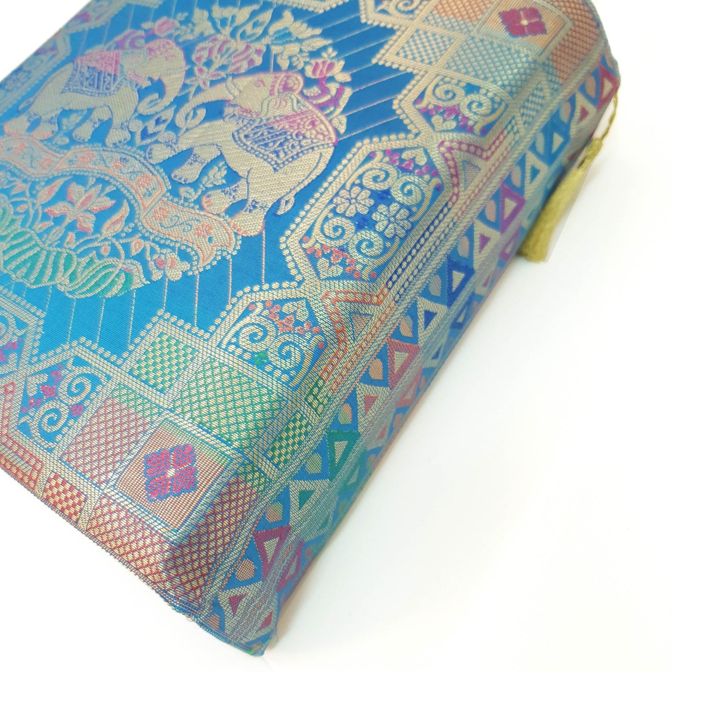 Turquoise Blue Hand Bag Banarasi Zari Brocade Golden Tassels Elephant Motif