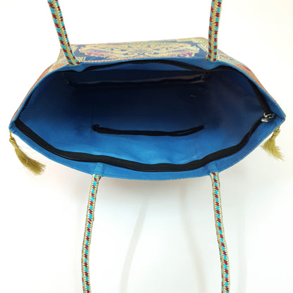 Turquoise Blue Hand Bag Banarasi Zari Brocade Golden Tassels Elephant Motif
