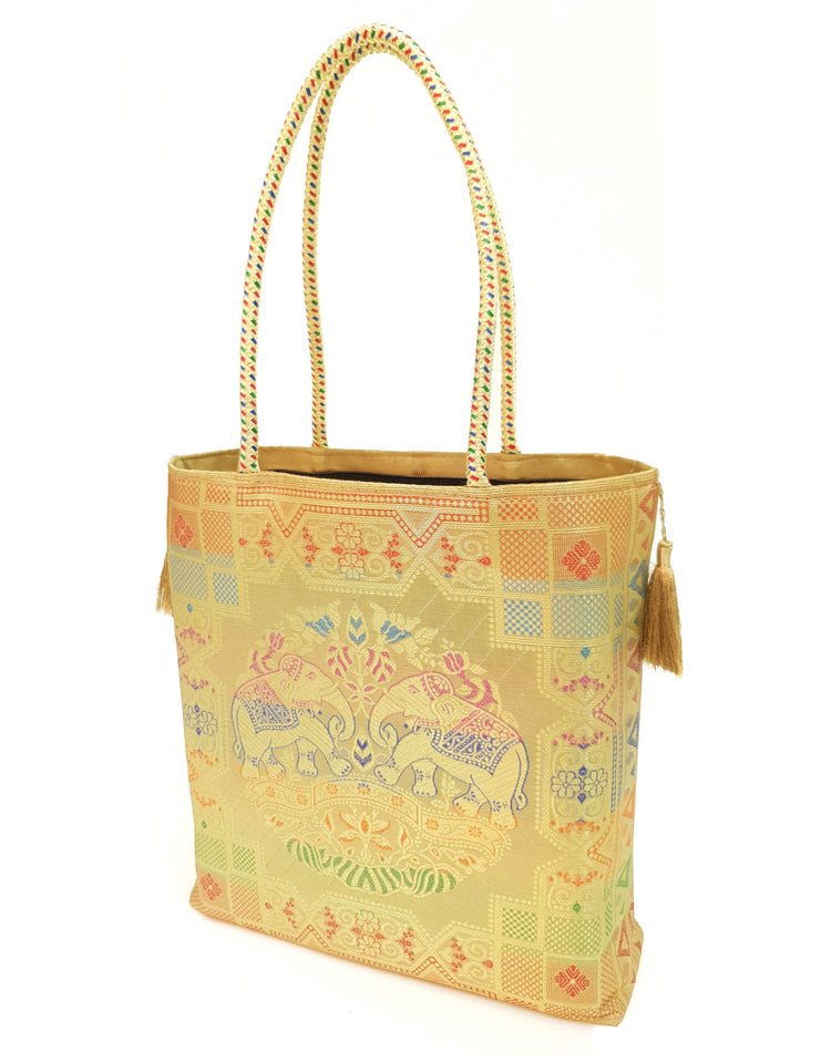 Beige Hand Bag Banarasi Zari Brocade Golden Tassels Elephant Motif Shoulder Bag