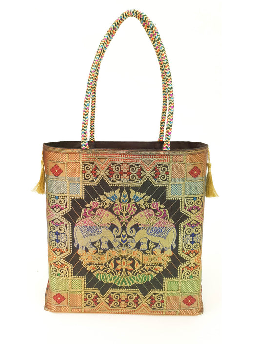 Black Party Wear Hand Bag Banarasi Zari Brocade Golden Tassels In Elephant Motif