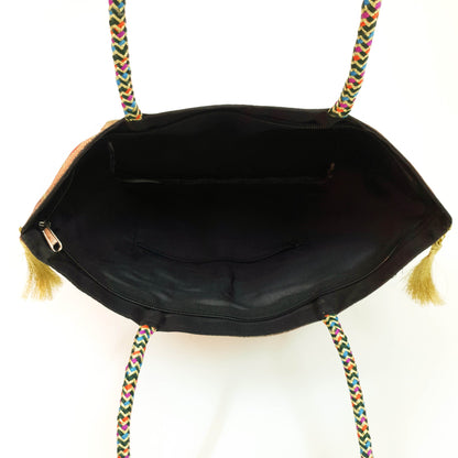 Black Party Wear Hand Bag Banarasi Zari Brocade Golden Tassels In Elephant Motif