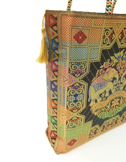 Black Party Wear Hand Bag Banarasi Zari Brocade Golden Tassels In Elephant Motif
