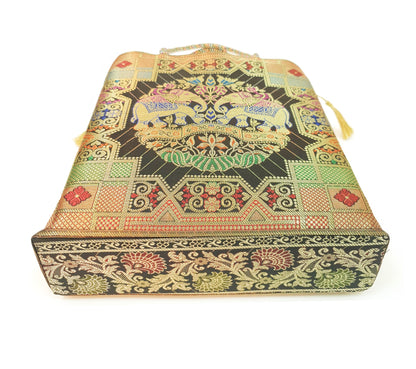 Black Party Wear Hand Bag Banarasi Zari Brocade Golden Tassels In Elephant Motif
