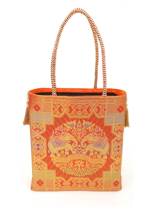 Orange Traditional Hand Bag Banarasi Zari Brocade Golden Tassels Elephant Motif