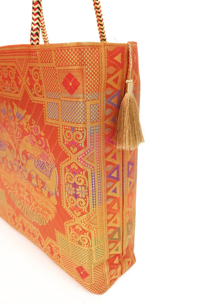Orange Traditional Hand Bag Banarasi Zari Brocade Golden Tassels Elephant Motif