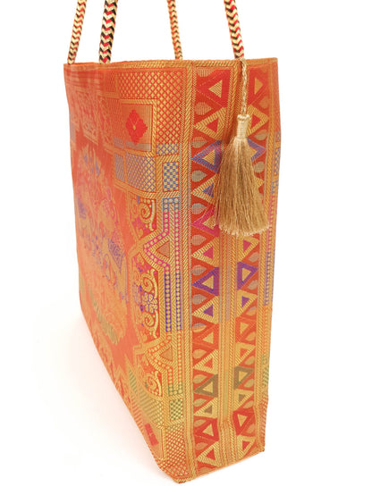 Orange Traditional Hand Bag Banarasi Zari Brocade Golden Tassels Elephant Motif