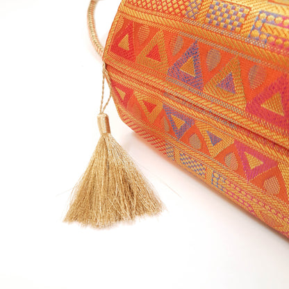 Orange Traditional Hand Bag Banarasi Zari Brocade Golden Tassels Elephant Motif