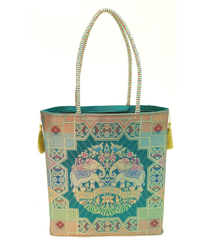 Teal Green Hand Bag Ethnic Banarasi Zari Brocade Golden Tassels Elephant Motif