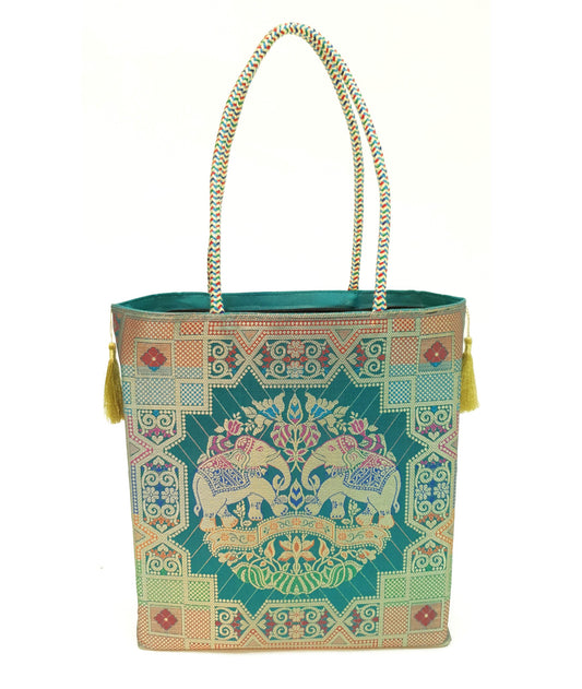 Teal Green Hand Bag Ethnic Banarasi Zari Brocade Golden Tassels Elephant Motif